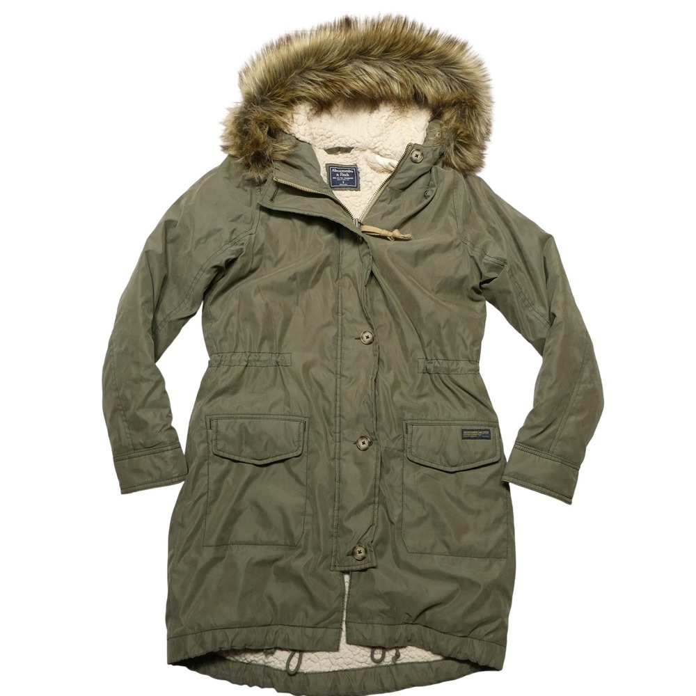 Abercrombie & Fitch Coat Womens Small Green Hooded Parka Faux Fur Lined Winter